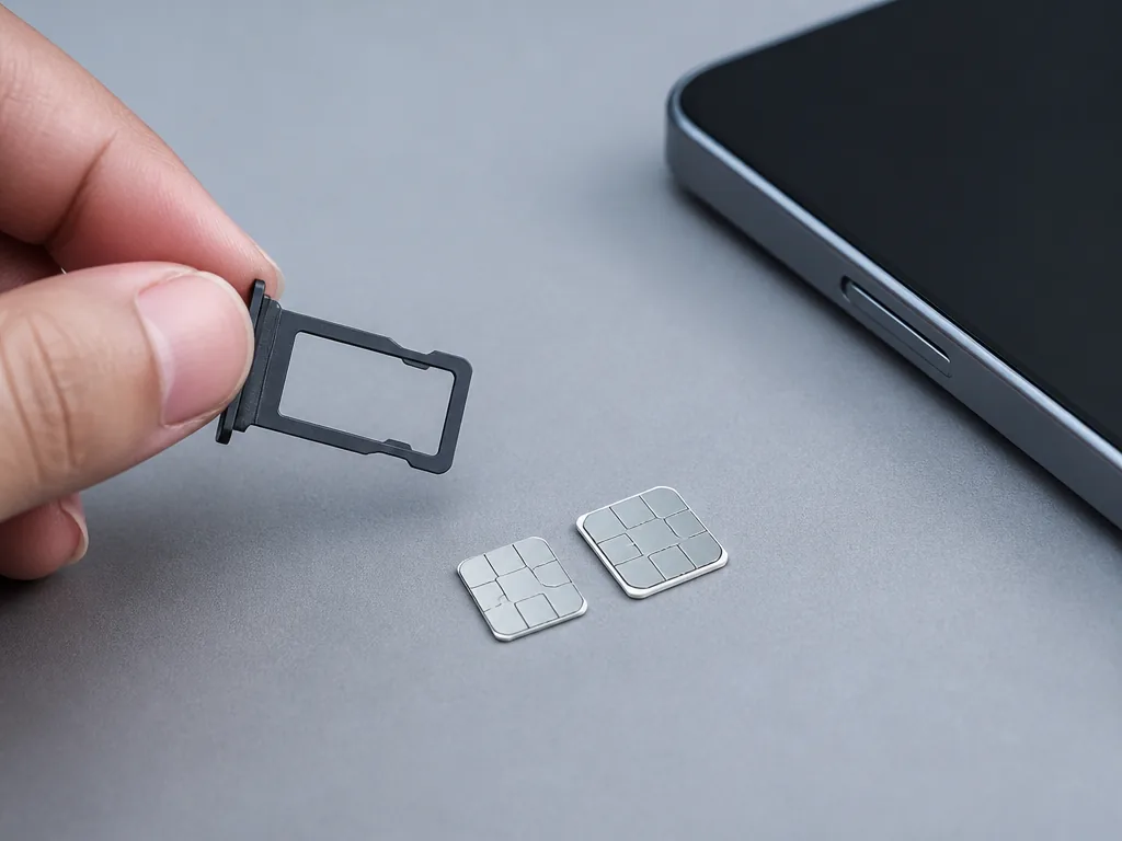 Photorealistic editorial photograph of two unbranded aluminium SIM cards lying side by side on a matte grey surface, one
