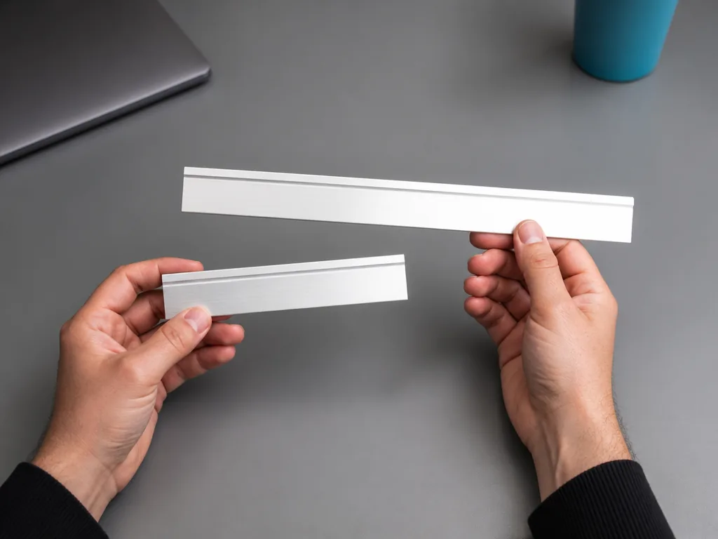 Photorealistic editorial photograph of a person's hands holding two blank aluminium rulers of different lengths on a mat