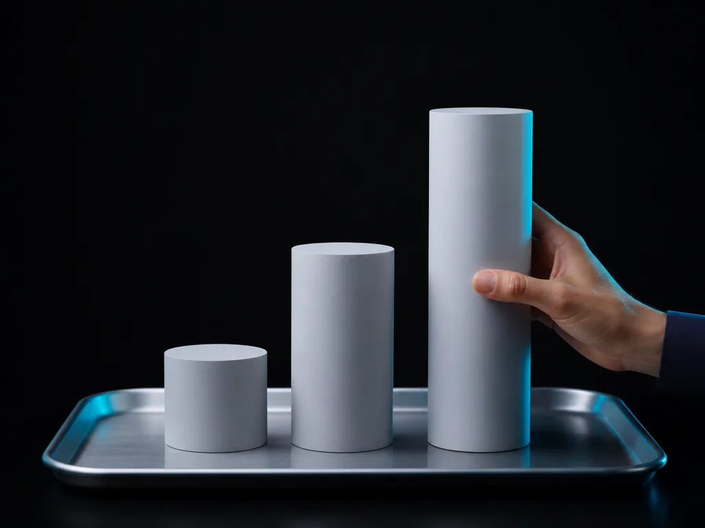 Photorealistic editorial photograph of three plain polymer cylinders of varying heights on a brushed aluminium tray, a h
