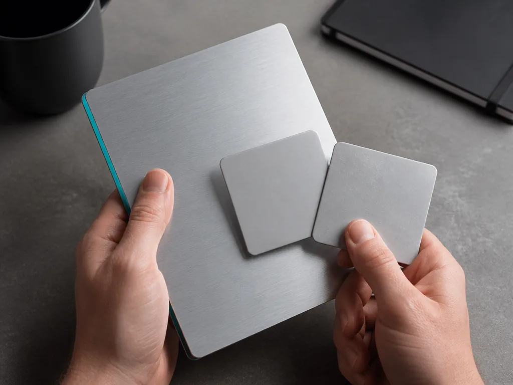 Photorealistic editorial photograph of a pair of hands holding a blank matte aluminium sheet with a cyan-edged corner, c