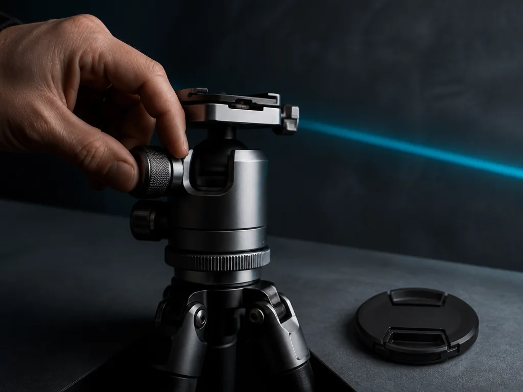 Photorealistic editorial photograph of a photographer's hand adjusting a brushed metal tripod head, a blank polymer lens