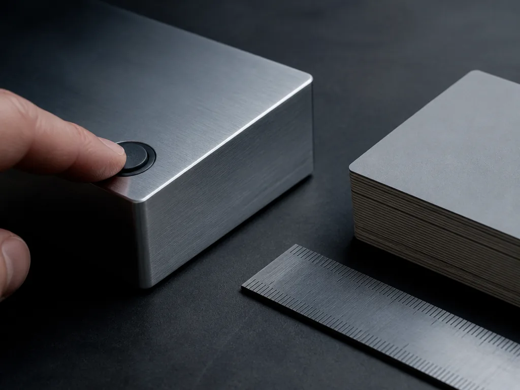 Photorealistic editorial photograph of a person's fingers pressing a plain polymer button on an unbranded brushed alumin