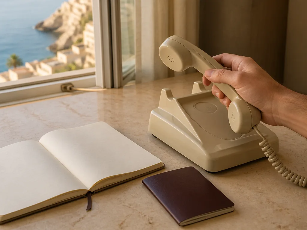 Photorealistic editorial photograph of a traveler’s hand lifting an unmarked corded telephone receiver beside a blank no