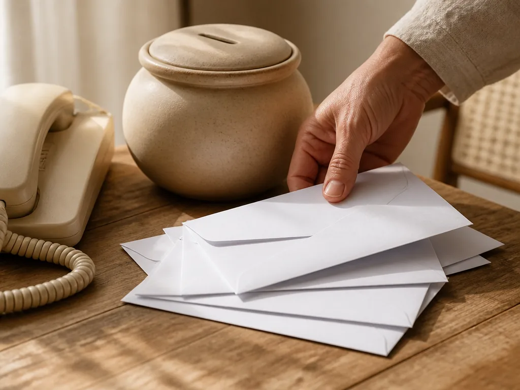 Photorealistic editorial photograph of a subscriber’s hand sorting blank unmarked billing envelopes beside an unmarked c