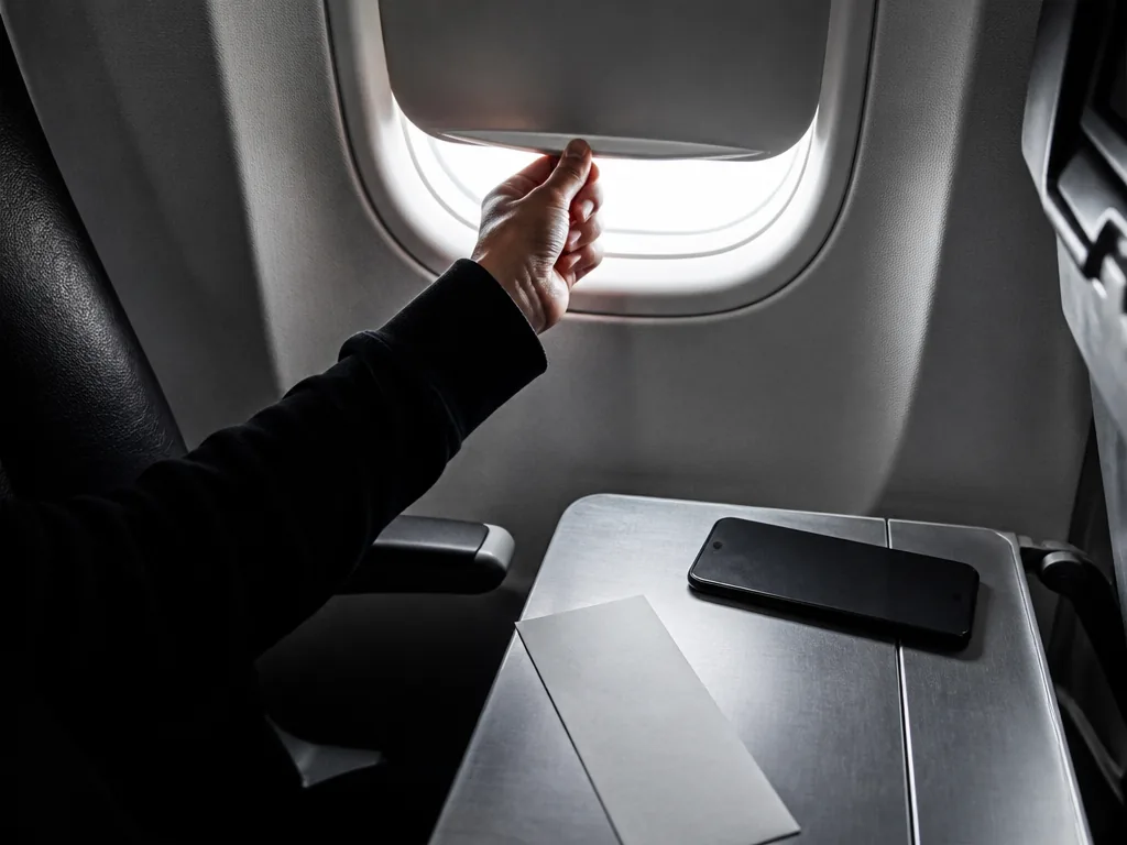 Photorealistic editorial photograph of a traveler's hand pressing airplane window shade down, aluminum tray table reflec