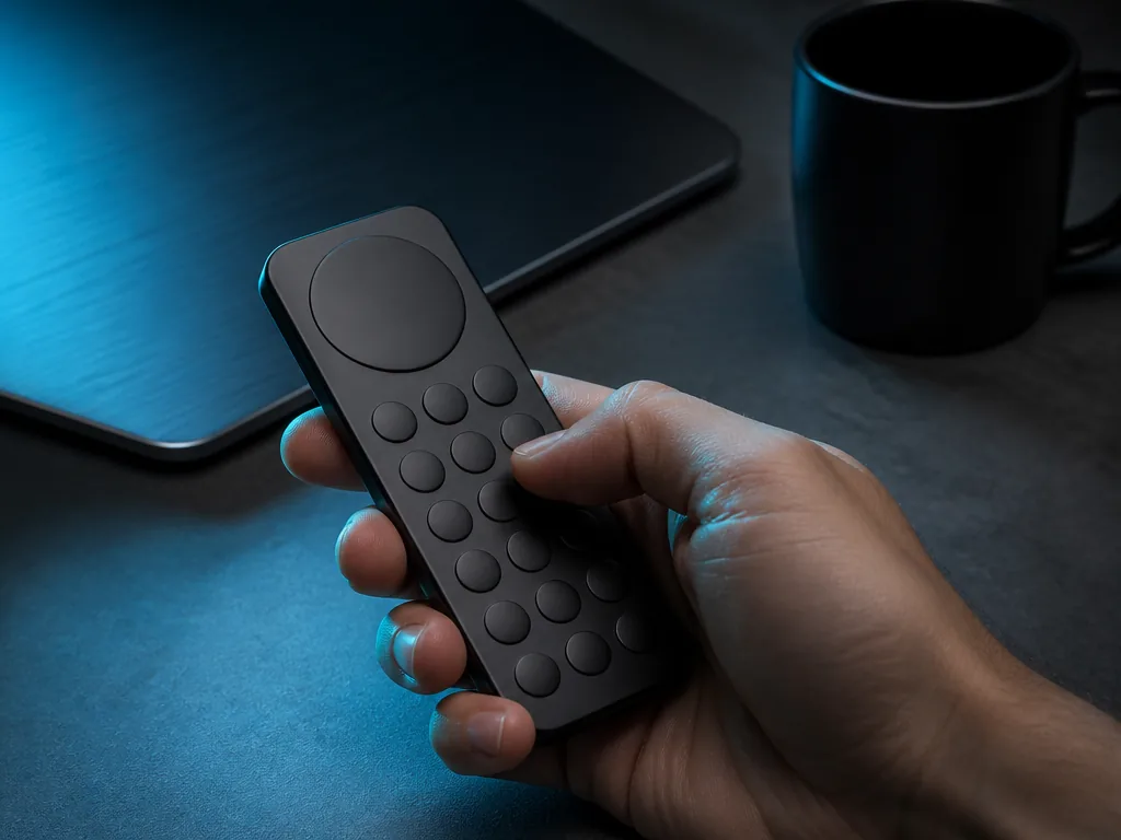 Photorealistic editorial photograph of a person's thumb pressing a blank polymer keypad, palm cupped around an unmarked